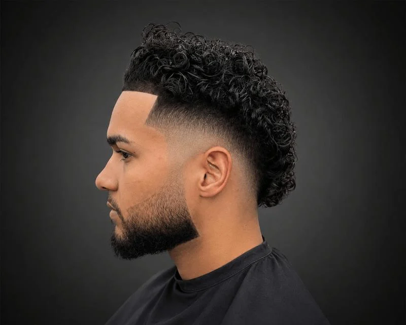 Textured curls with a fade and beard lineup